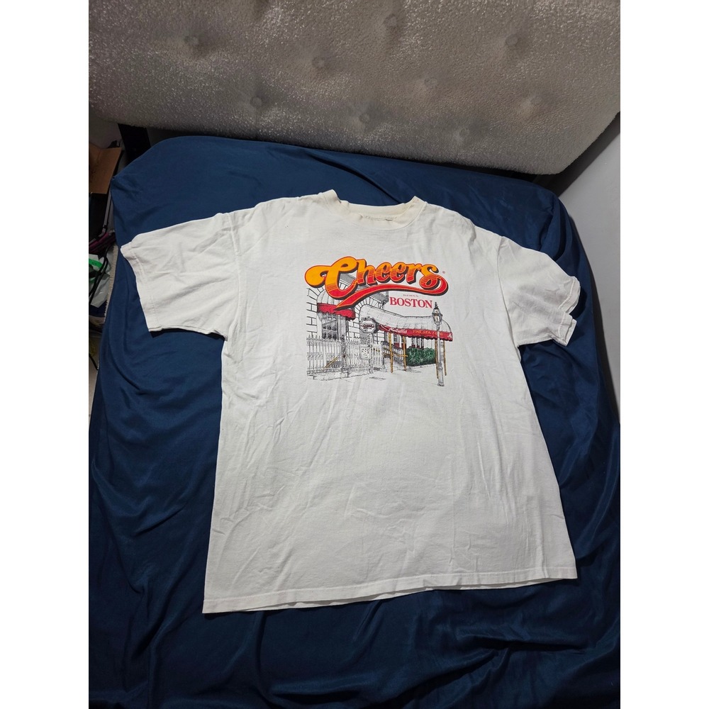 Vintage Cheers Boston T-Shirt White Graphic Souvenir TV Show Tee Large